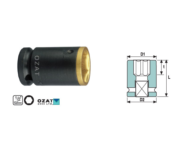 Cap cheie tubulara impact cu profil protectie de aluminiu OZAT 1/2" 6 laturi, scurta 13/16" L50mm
