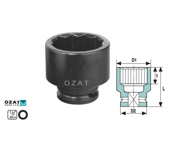 Cap cheie tubulara impact OZAT 1/2" 12 laturi, scurta 20mm L38mm