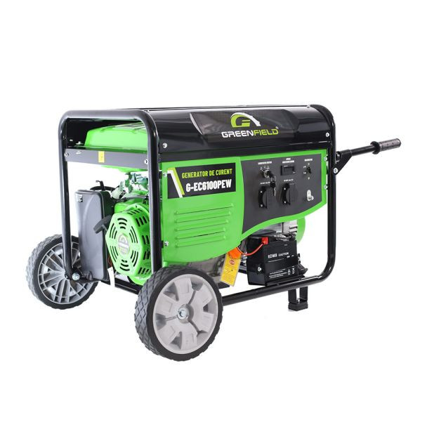 Generator de curent pe benzina Greenfield G-EC6100PEW, portabil, monofazat, 4.5 kVA, 4.5 kW, pornire electrica, roti de transport