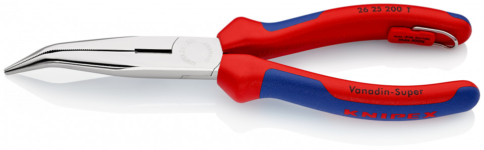 KNIPEX 26 25 200 T Clește plat-rotund cu tăiș (patent cu cioc angular) cu manşoane multicomponent, cu cârlig de fixare integrat pentru montarea unei siguranţe împotriva căderii cromat 200 mm