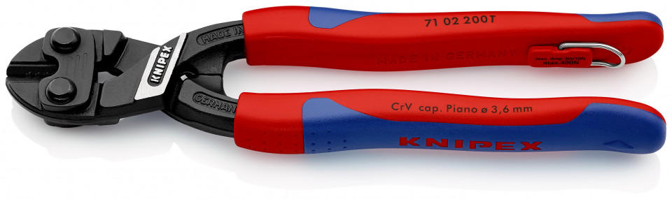 KNIPEX 71 02 200 T CoBolt® Tăietor compact pentru bolțuri cu manşoane suple, multicomponent, cu cârlig de fixare integrat pentru montarea unei siguranţe împotriva căderii vopsit negru 200 mm