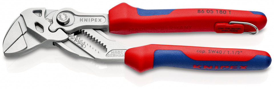 KNIPEX 86 05 180 T Cheie de strângere Cleștele-cheie, clește și cheie într-o singură unealtă cu manşoane multicomponent, cu cârlig de fixare integrat pentru montarea unei siguranţe împotriva căderii cromat 180 mm