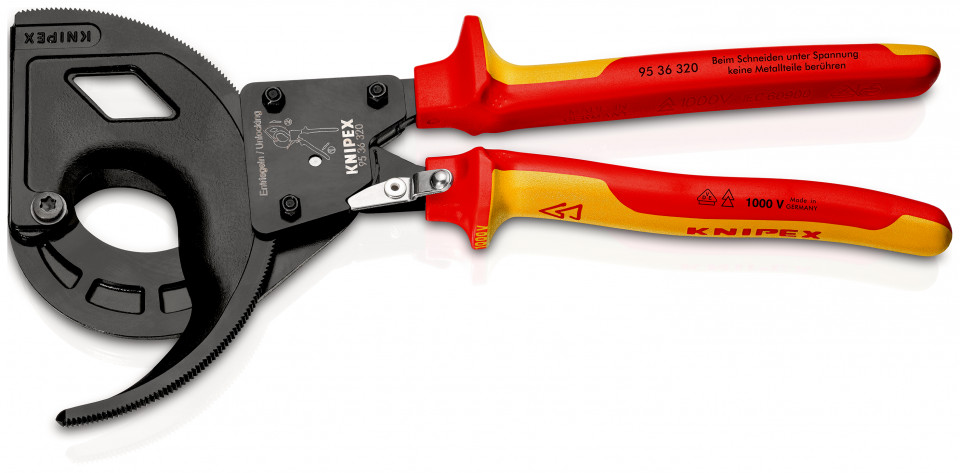 KNIPEX 95 36 320 Foarfeca pentru cabluri (principiul clichetului, 3 trepte) izolate, cu manere multicomponent, testate VDE vopsit negru 320 mm