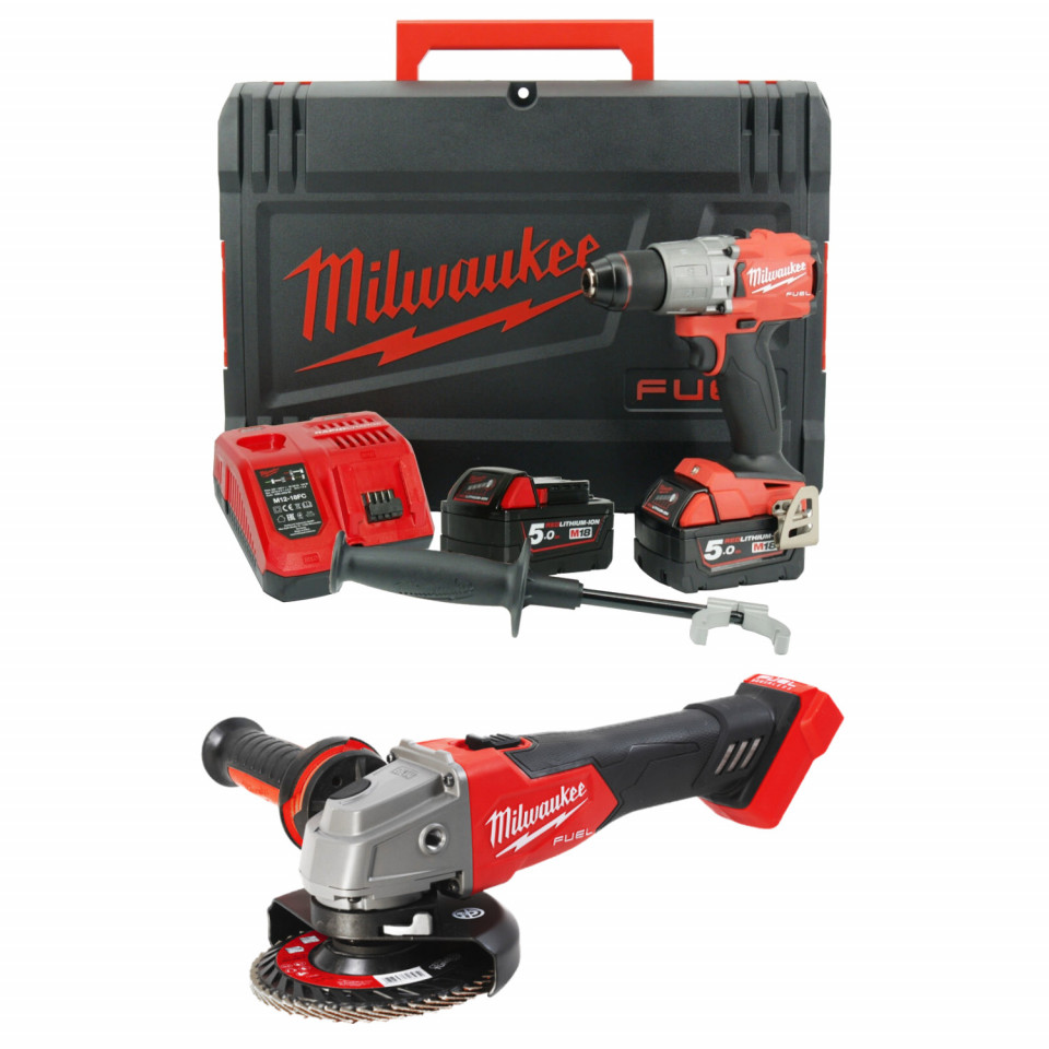 Pachet 2 scule Milwaukee - polizor unghiular 125 mm, masina de gaurit 135 Nm, 2 acumulatori 5 Ah, incarcator, valize