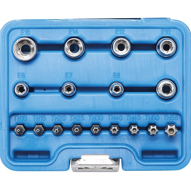 Set 17 piese tubulare profil E (pentru Torx) 1/4", 3/8" + varfuri torx 5/16", BGS