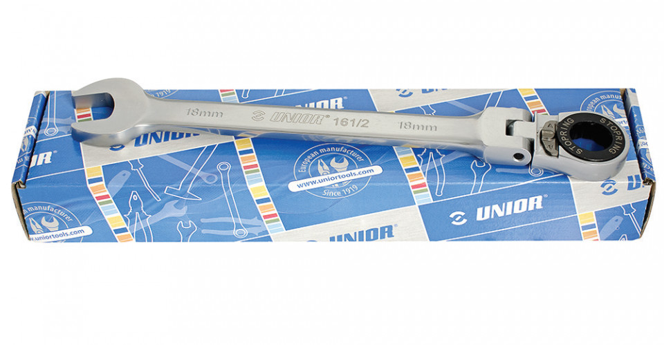 Set de 5 chei combinate forjate articulate cu clichet in cutie de carton Unior 8-19 mm