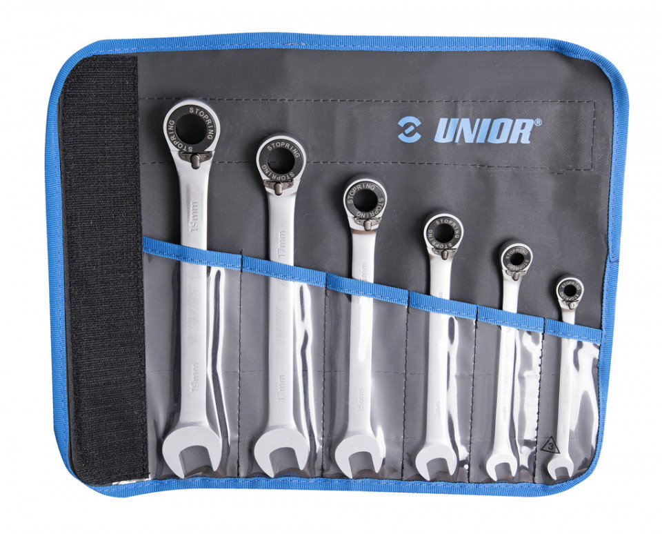 Set de 6 chei combinate forjate cu clichet in husa textila Unior 8-19 mm