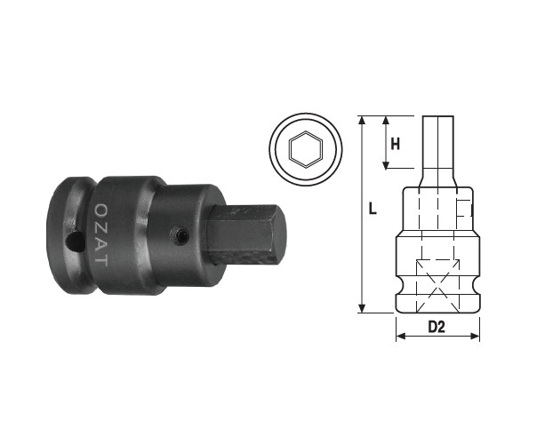 Cap cheie tubulara de impact cu profil hexagon exterior OZAT 1 1/2", 2 piese, DIM 46