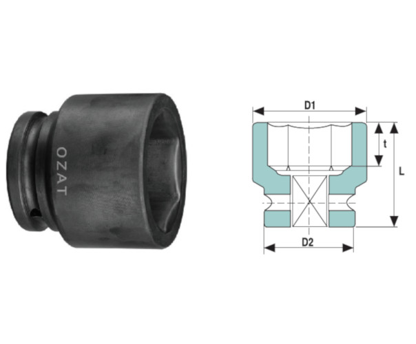 Cap cheie tubulara de impact OZAT 1" 6 laturi, scurt 2 3/16" L80mm