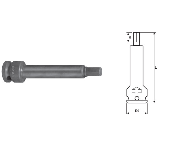 Cap cheie tubulara de impact OZAT 1" cu profil hexagon exterior, o piesa, lung 32mm L150mm