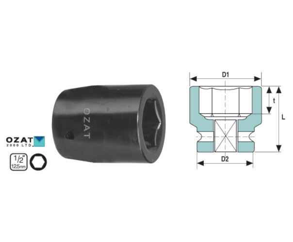 Cap cheie tubulara impact cu perete gros OZAT 1/2", 6 laturi 3/4" L45mm