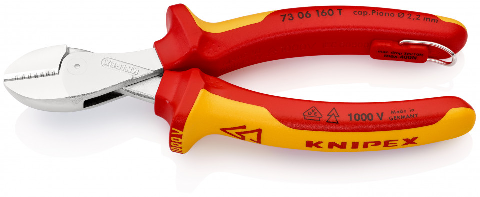 KNIPEX 73 06 160 T X-Cut® Şfic compact izolat cu manșoane-multicomponent, verificat de VDE, cu cârlig de fixare integrat, izolat, pentru montarea unei siguranțe împotriva căderii cromat 160 mm