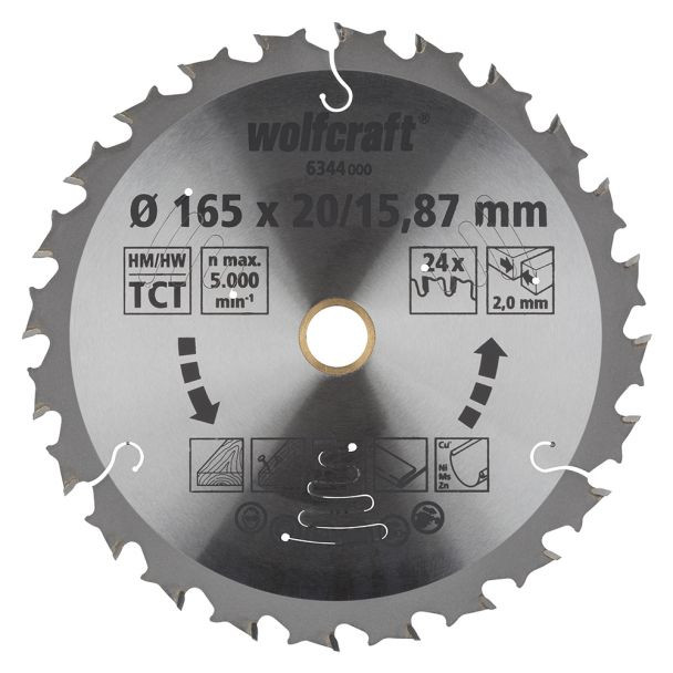 Panza pentru fierastrau circular cu acumulatori Wolfcraft 6344000, diametru 165 mm, diametru interior disc 15.87, 20 mm, latime taiere 1.8 mm, 24 dinti, seria mov