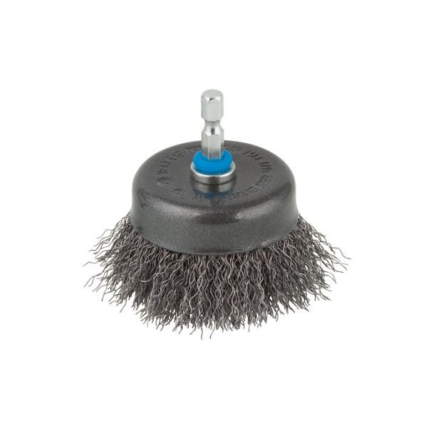 Perie din otel cu fir ondulat Wolfcraft 2708000, tip oala, D 75 mm, tija hexagonala 1/4"