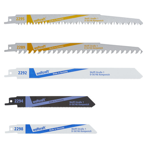 Set 5 panze fierastrau sabie Wolfcraft 3599000, pentru lemn, neferoase, grinzi de lemn, taieri de crengi, lemn de esenta moale, aluminiu, tevi din fonta, table