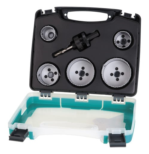 Set 6 piese pentru instalatii electrice si sanitare Wolfcraft 3764000, 5 carote bimetal diametru D 35, 40, 51, 65, 68 mm, 1 adaptor pentru carote bimetal cu burghiu de centrare