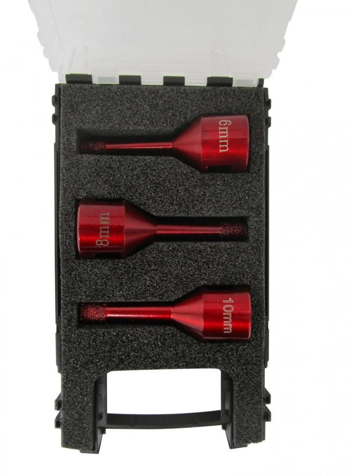 Set carote diamantate pt. gresie portelanata & piatra - diam. 6, 8, 10mm - cu ceara- Premium - DXDH.80408.Satz6-10W