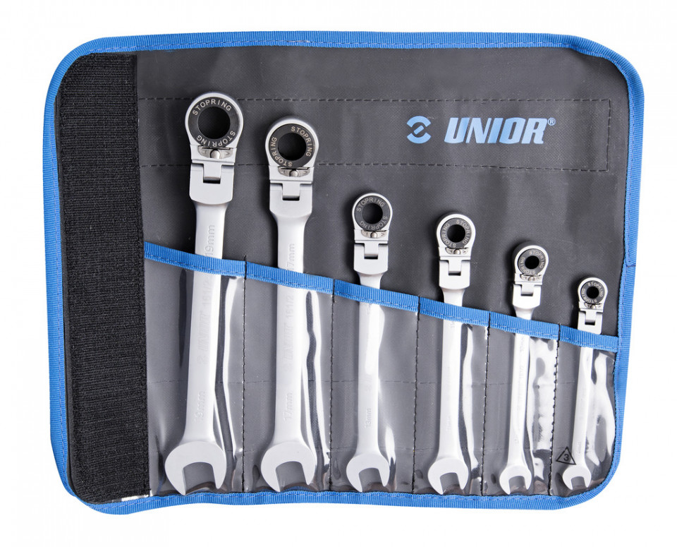 Set de 6 chei combinate forjate articulate cu clichet in husa textila Unior 161/2CT 8-19 mm
