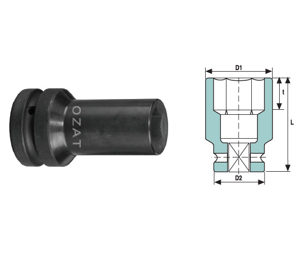 Cap cheie tubulara de impact cu pereti subtiri OZAT 3/4" 6 laturi, lung 38mm L90mm
