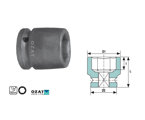 Cap cheie tubulara impact OZAT 1/2" 6 laturi, scurta 13mm L38mm