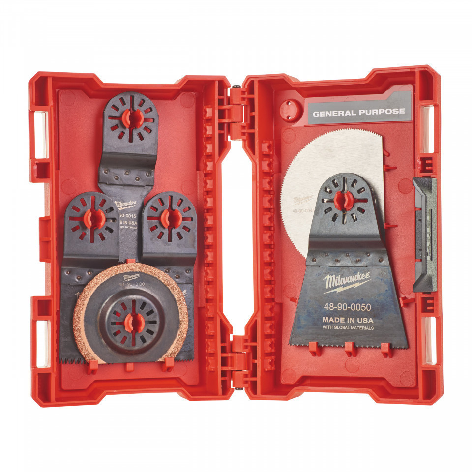 Pachet 8 buc accesorii mașini multifuncționale Milwaukee [ 2 x pânză multi mat. 28mm, 2 x pânză multi mat. 43mm, 1 x pânză îndepărtarea materialului 2.2mm, 1 x pânză cuțit 40 mm, 1 x pânză pentru îndepărtarea materialului TCG 80, 1 x pânză flexibilă 52mm