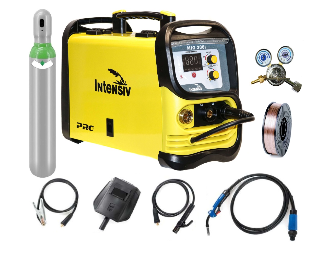 Pachet complet sudura MIG/MAG: MIG 200i Intensiv, 230 V, 200 A, Butelie corgon 8l (plina), rola otel 5kg - 0.8mm