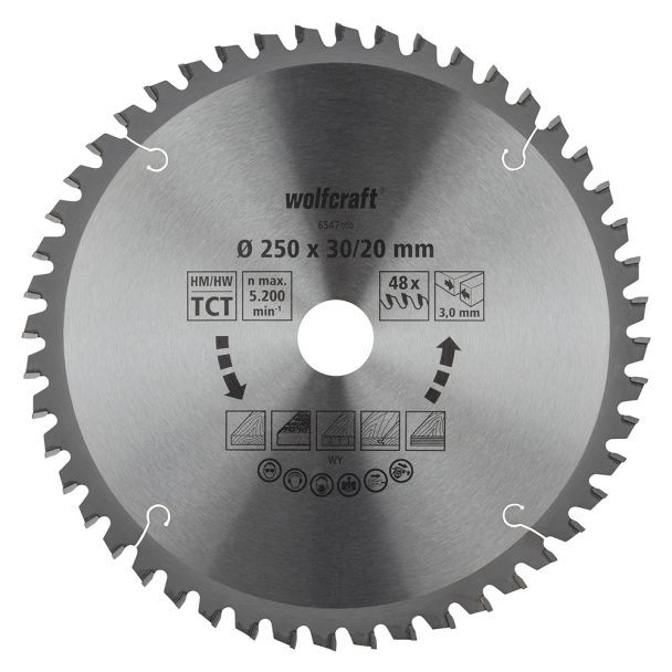 Panza pentru fierastrau circular de masa Wolfcraft 6547000, diametru 250 mm, diametru interior disc 20/30 mm, latime taiere 3.0 mm, 48 dinti, seria orange.