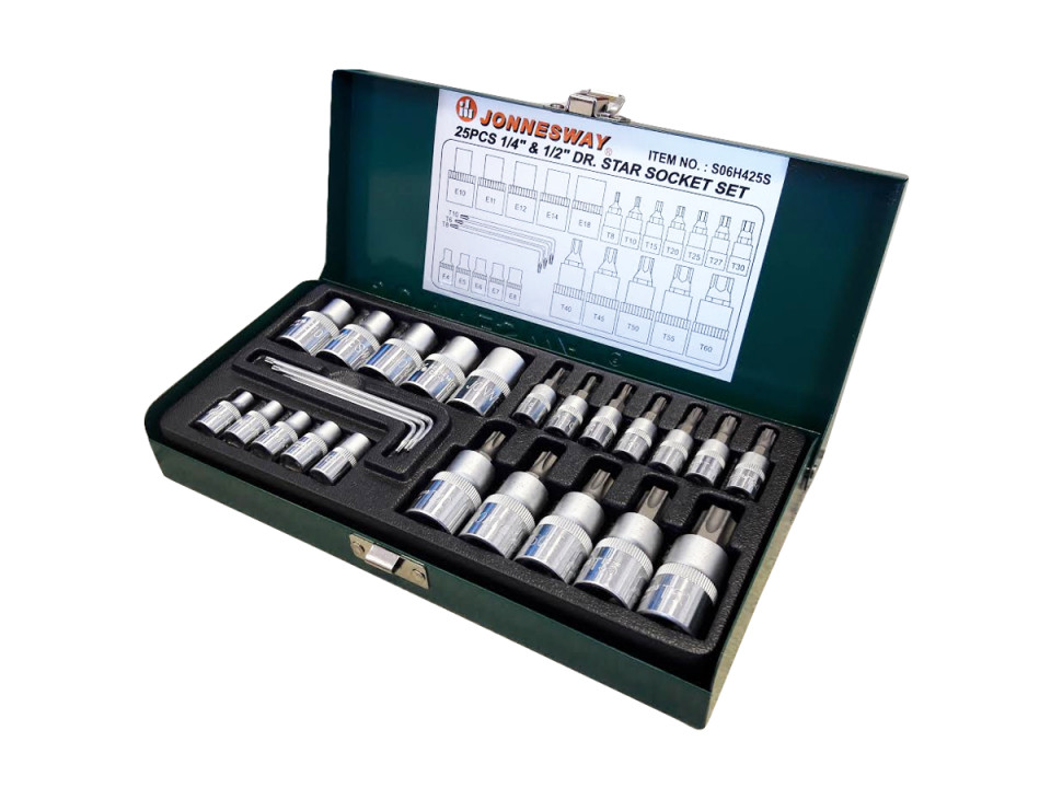 Set 25 piese chei tubulare Jonnesway 1/4",1/2" Torx T8-T60 și E-Torx E4-E18