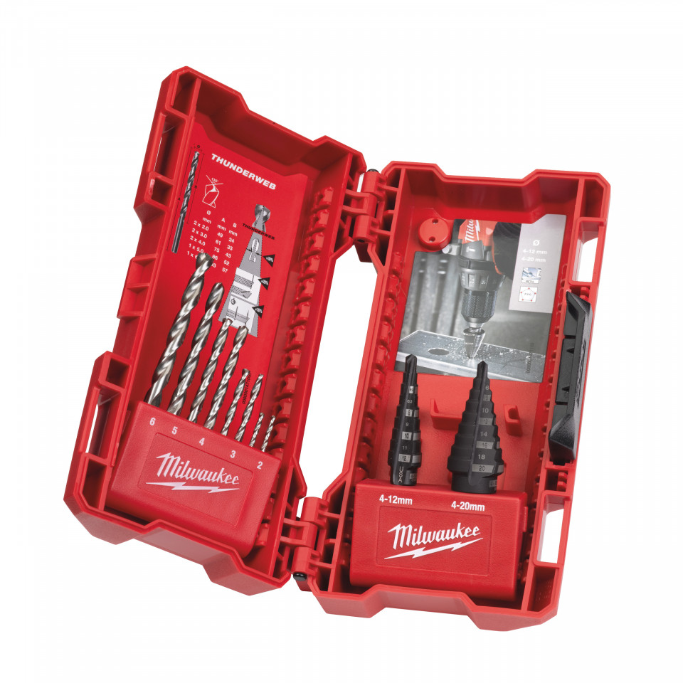 Set combinat burghie în trepte & burghie (10 buc) [ Include 2 x burghie în trepte: 4 - 12 mm/1, 4 - 20 mm. Burghie metal THUNDERWEB: 2 x 2 mm, 2 x 3 mm, 2 x 4 mm, 1 x 5 mm, 1 x 6 mm ]
