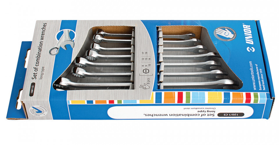 Set de 8 chei combinate Unior lungi in cutie de carton 8 - 19 mm