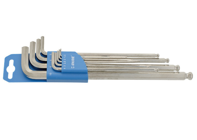 Set de 9 chei locas hexagonal lungi cu cap sferic in suport de plastic Unior 1,5-10 mm