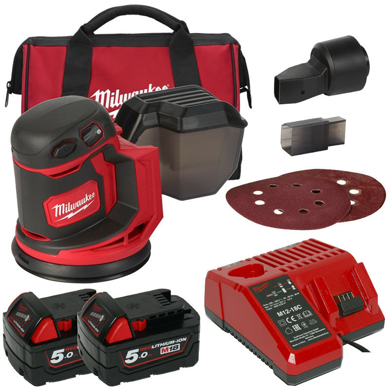 Slefuitor orbital cu acumulator Milwaukee M18 BOS125-502B, disc 125 mm, livrat cu acumulatori, geanta