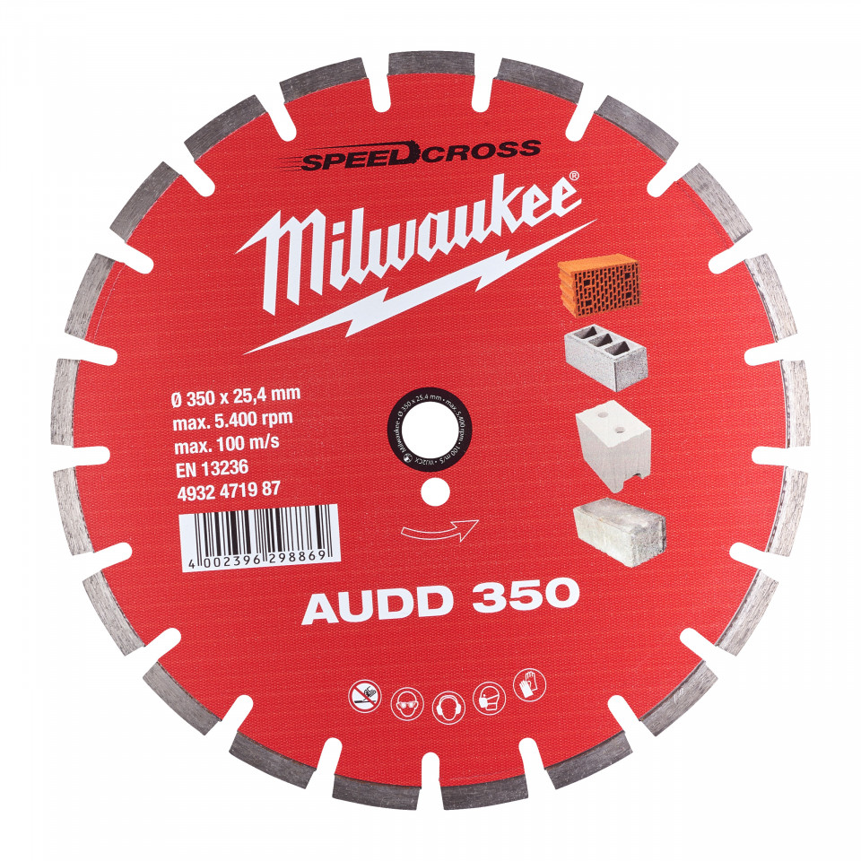 Speedcross AUDD Milwaukee, asfalt, beton moale, materiale constructii (Diametru interior disc (mm): 25.4, Diametru disc (mm): 350, Tip: AUDD 350, Înălțime segment (mm): 10)
