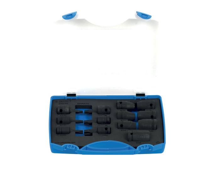 Trusa 13 piese capete chei tubulare de impact 1/2" cu profil TX interior si exterior in cutie de plastic, E10-E24, TX30-TX60