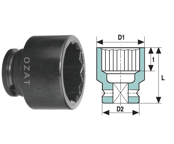 Cap cheie tubulara de impact OZAT 1" 12 laturi, scurt 115mm L149mm