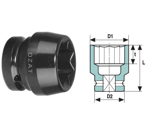 Cap cheie tubulara de impact OZAT 1" 8 laturi, scurt 1 3/8" L58mm