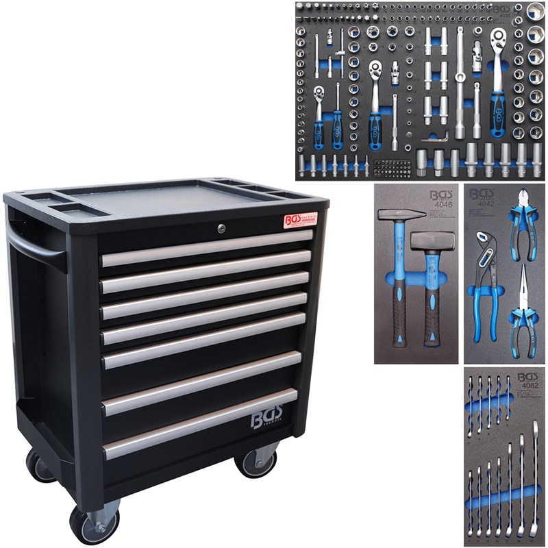 Carucior pentru scule, 7 sertare, cu 209 scule