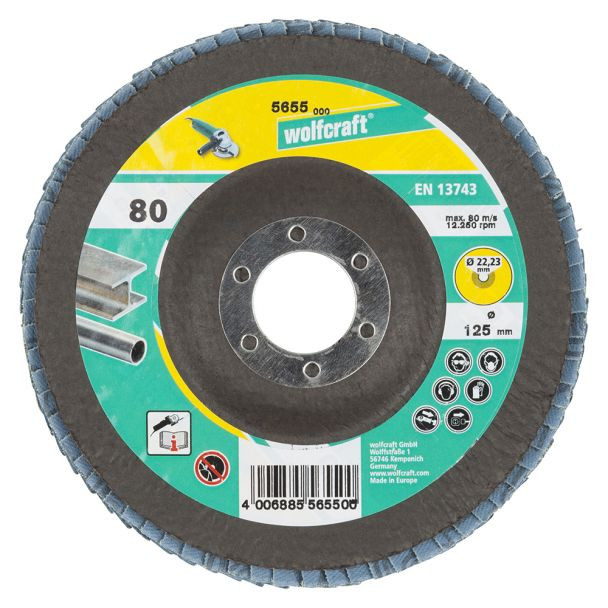 Disc lamelar Wolfcraft 5655000, granulatie 80, profil convex, zirconiu, 125X22.23 mm