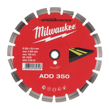 Discuri Milwaukee ADD 350 mm, interior 25.4 mm, rezultate foarte bune pentru debitarea asfaltului