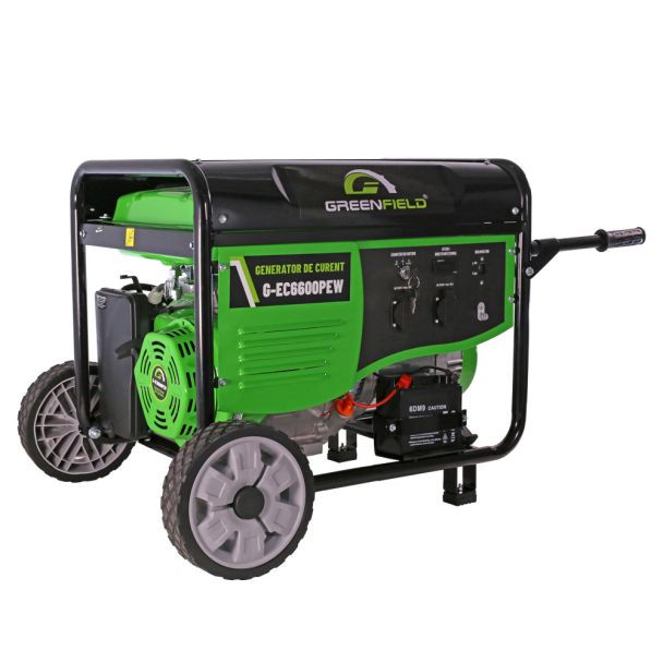 Generator de curent pe benzina Greenfield G-EC6600PEW, portabil, pornire electrica, monofazat, 5.5 kVA, 5.5 kW, roti de transport