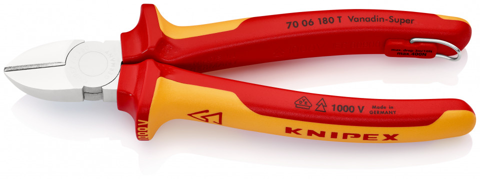 KNIPEX 70 06 180 T Tăietor lateral (șfic) izolat cu manșoane-multicomponent, verificat de VDE, cu cârlig de fixare integrat, izolat, pentru montarea unei siguranțe împotriva căderii cromat 180 mm