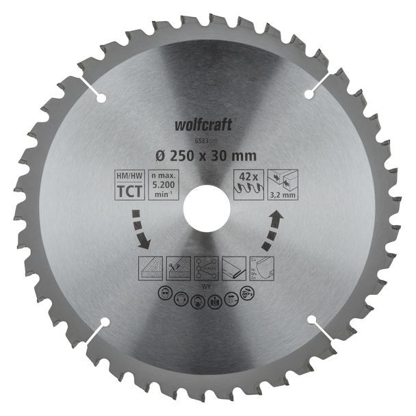Panza pentru fierastrau circular de masa Wolfcraft 6583000, diametru 250 mm, diametru interior disc 30 mm, latime taiere 3.2 mm, 42 dinti, seria mov