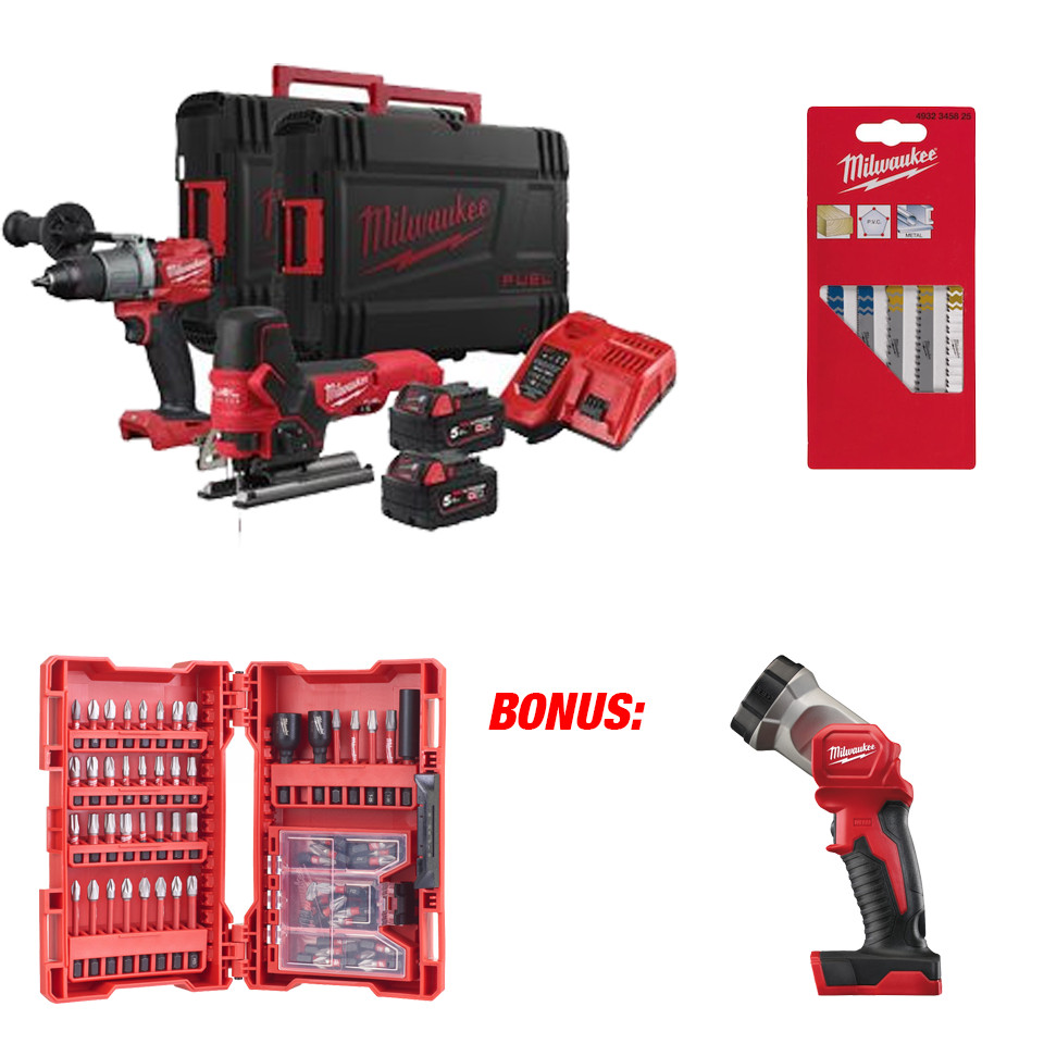Set scule 18 V M18 FPP2AA2 + 2 baterii + incarcator + set 70 accesorii + lame pendular, BONUS lanterna 120 lumeni