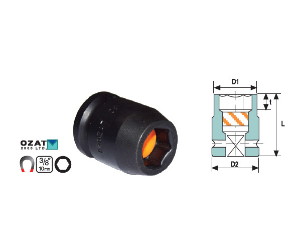 Cap cheie tubulara de impact cu magnet ASW 3/8" 6 laturi, scurta 3/4" L30mm