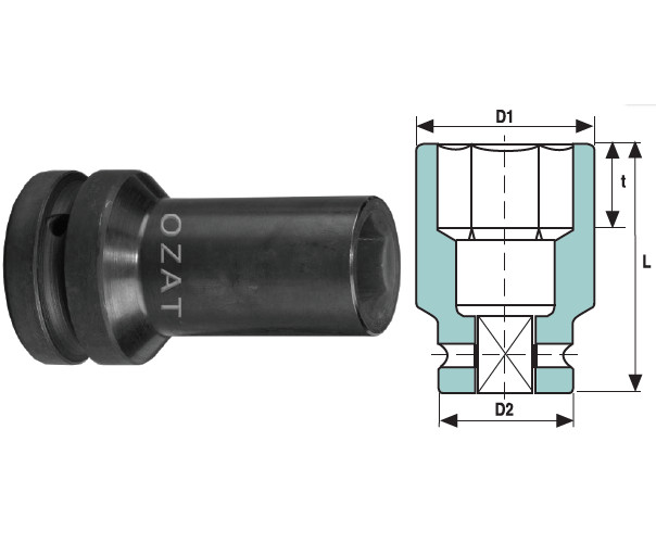 Cap cheie tubulara de impact OZAT 1" 6 laturi, cu pereti subtiri, lung 27mm L100mm