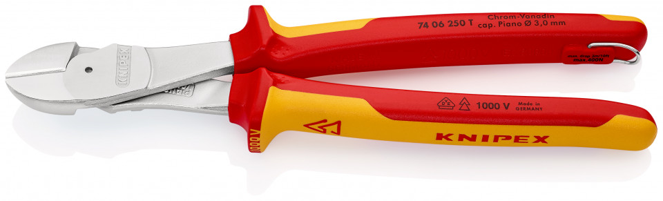 KNIPEX 74 06 250 T Șfic de forță izolat cu manșoane-multicomponent, verificat de VDE, cu cârlig de fixare integrat, izolat, pentru montarea unei siguranțe împotriva căderii cromat 250 mm