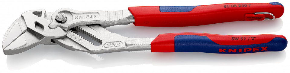 KNIPEX 86 05 250 T Cheie de strângere Cleștele-cheie, clește și cheie într-o singură unealtă cu manşoane multicomponent, cu cârlig de fixare integrat pentru montarea unei siguranţe împotriva căderii cromat 250 mm