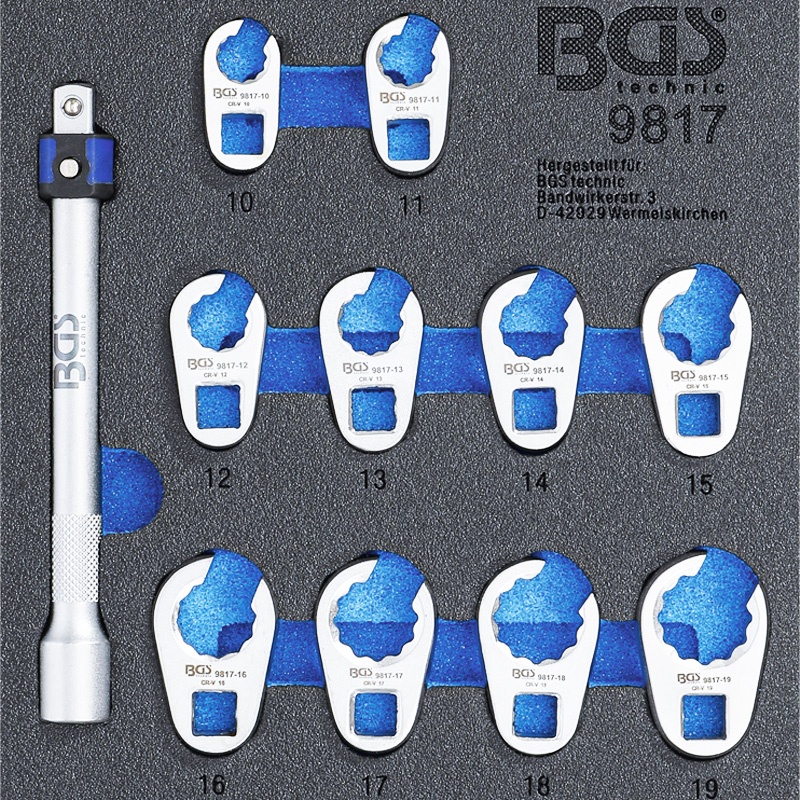 Organizator pentru carucior BGS, 10 chei inelare deschise si prelungitor, 1/6 sertar