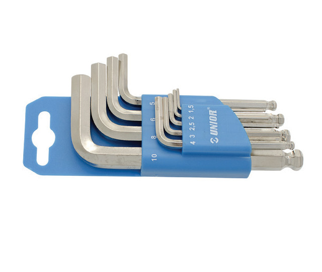 Set de 9 chei locas hexagonal scurte, cu cap sferic, in suport de plastic Unior 1,5-10 mm