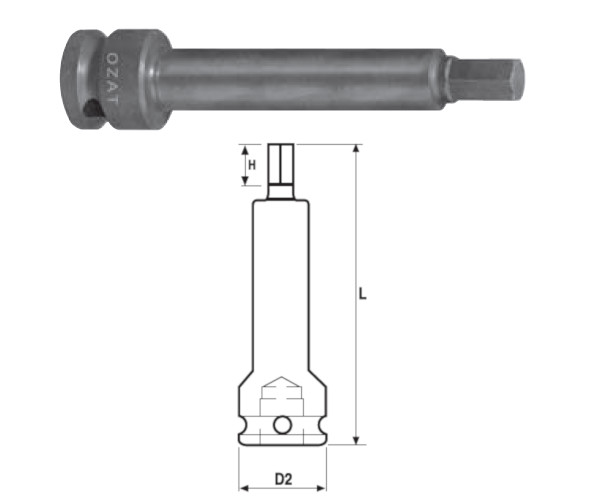 Cap cheie tubulara de impact OZAT 3/4" cu profil hexagon exterior, o piesa, lung 12mm L150mm